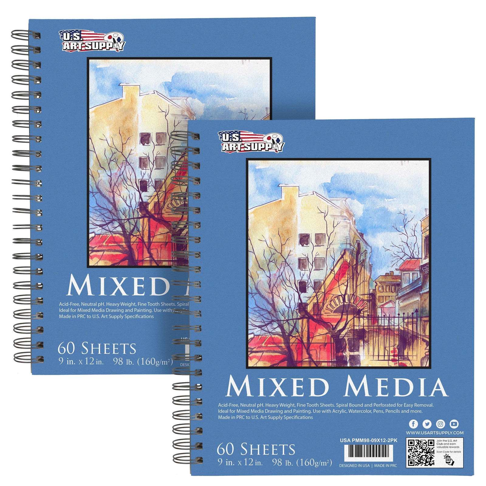 9" x 12" Mixed Media Paper Pad Sketchbook, 2 Pack, 60 Sheets 98 lb, Spiral-Bound