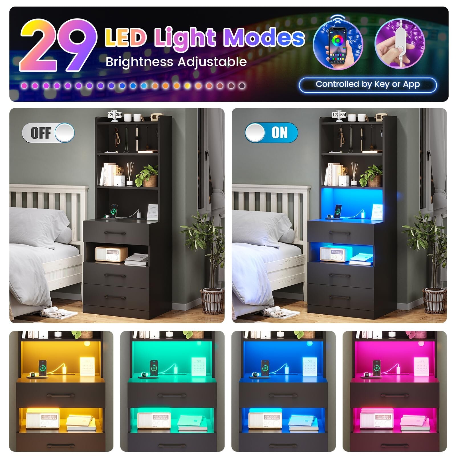 Tall Night Stand with LED Lights, Black Nightstand with 3 Drawers for Bedroom