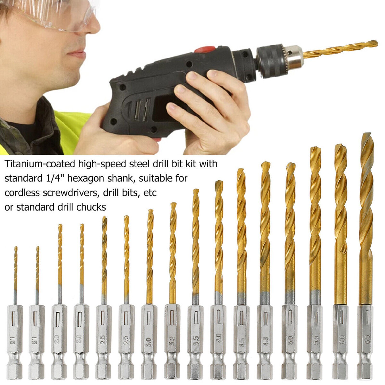 32pc 1/4'' Hex Shank Titanium Coated Steel DRILL BIT Set Metal Wood Quick Change