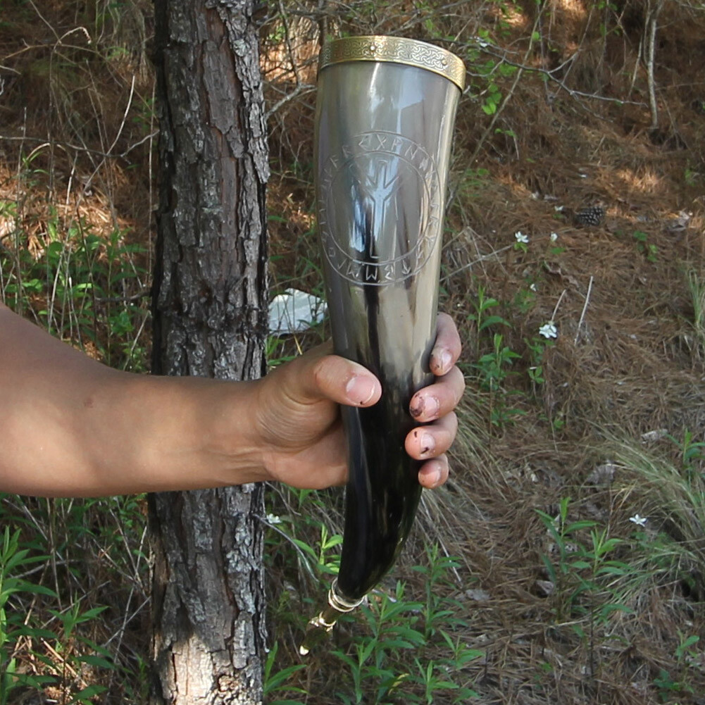 Medieval Viking Norse Algiz Protection Handmade Drinking Horn Ceremonial Mug