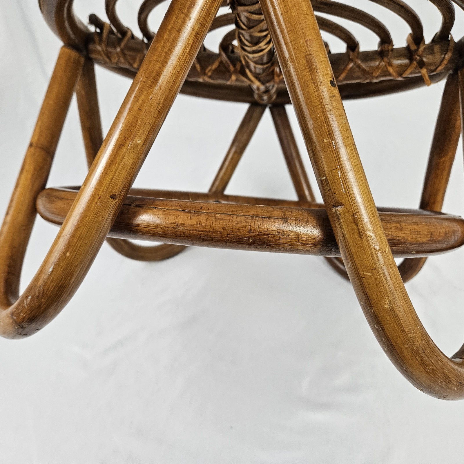 Vintage Rattan Footstool Ottoman Plant Stand Bent Bamboo Boho Mid-Century Modern