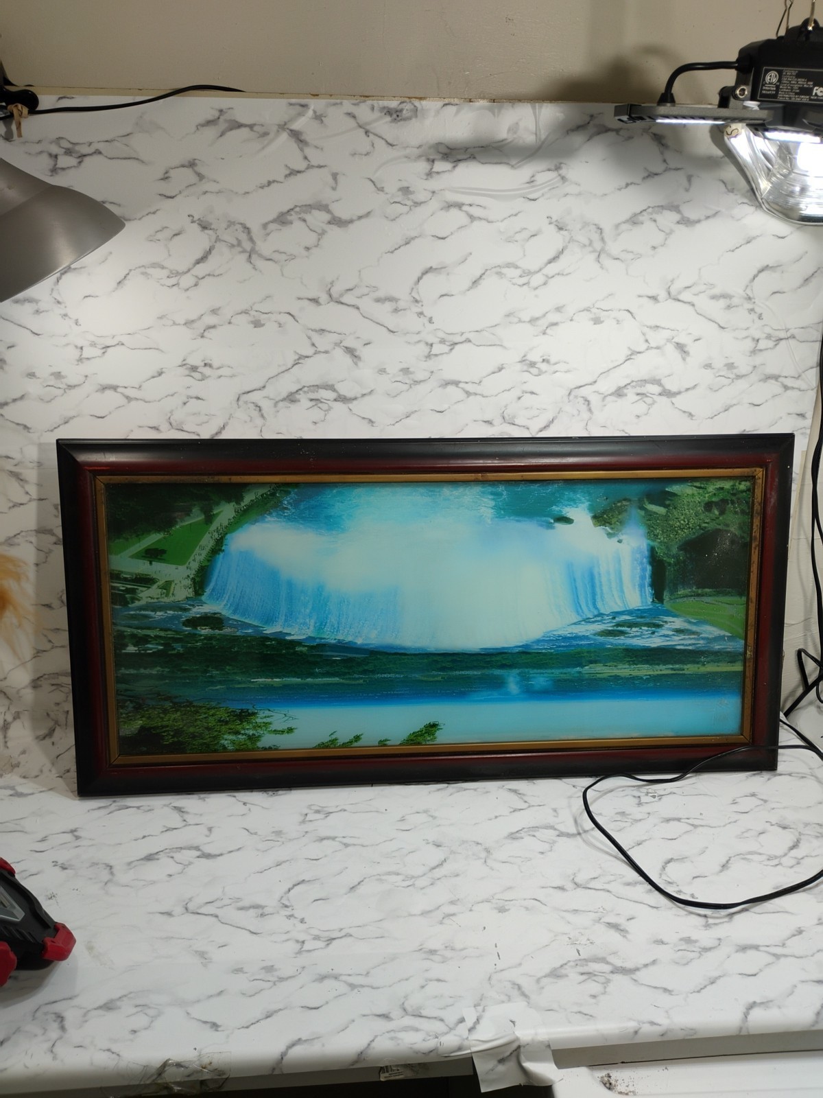 Mcm Niagara Waterfall River Stream Picture Wood Frame Vtg Won't Light Up