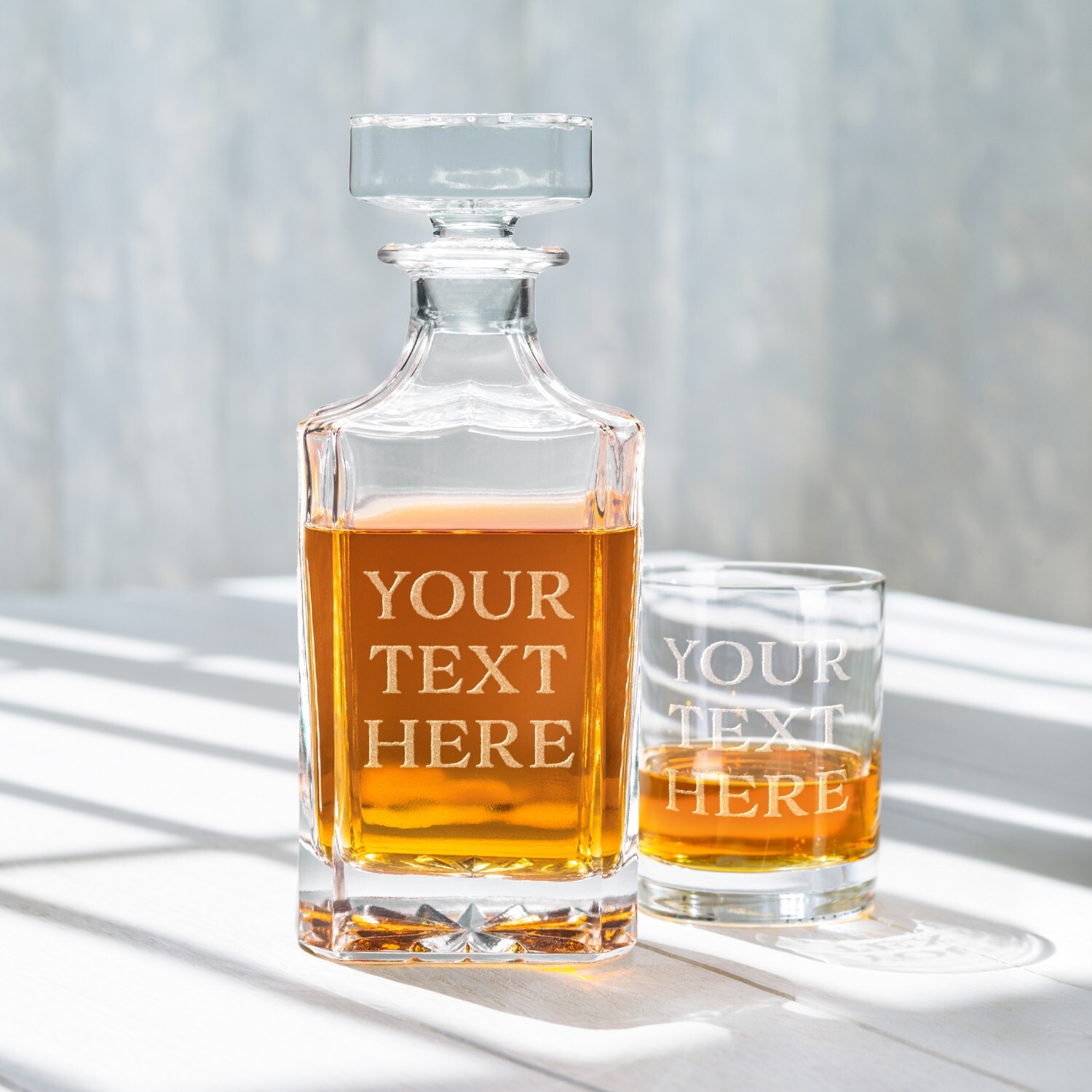 Custom Text Whiskey Decanter & Drinking Glasses Set - Engraved Whisky Glassware