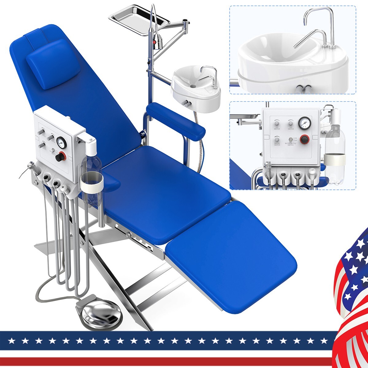 Silla plegable móvil dental portátil+unidad de turbina+lámpara LED+bandeja