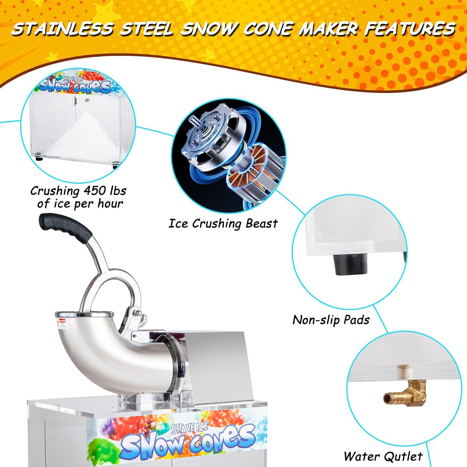 VNN 500LBS/H Commercial Snow Cone Machine Electric Ice Shaver Ice Crusher 48L