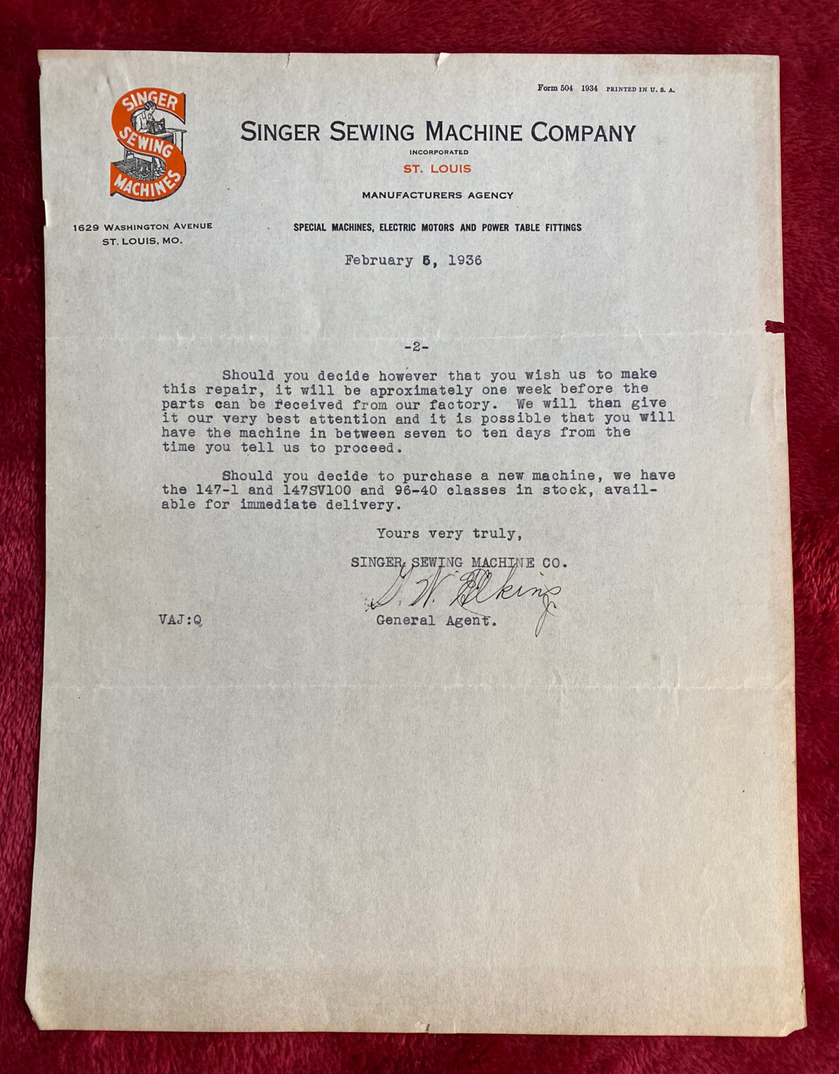 Vintage 1936 Singer Sewing Machine Co of St. Louis Missouri MO Letterhead Paper