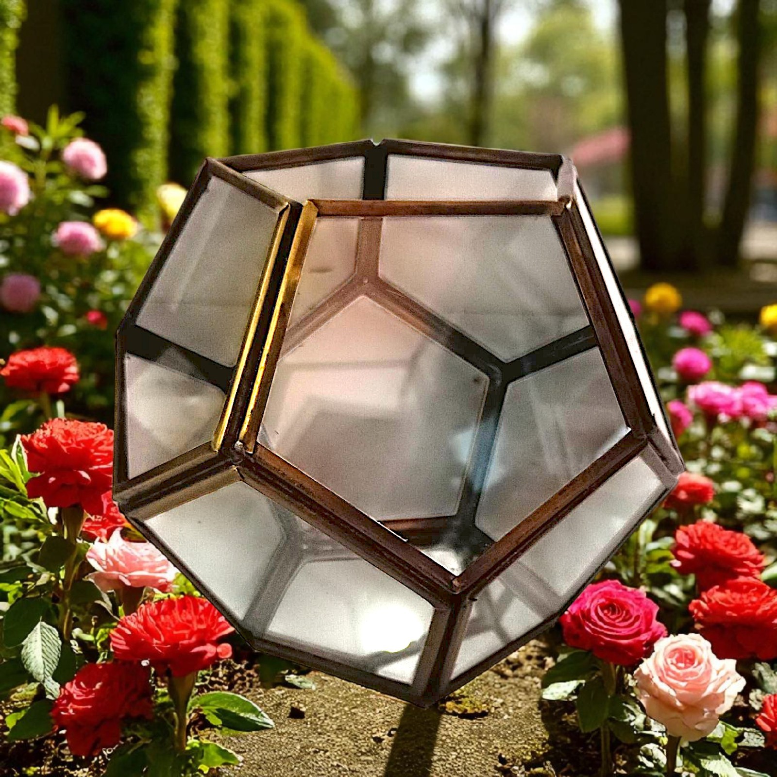 Vtg Brass Glass Terrarium Octagon Geometric Planter Display Case Candle Holder