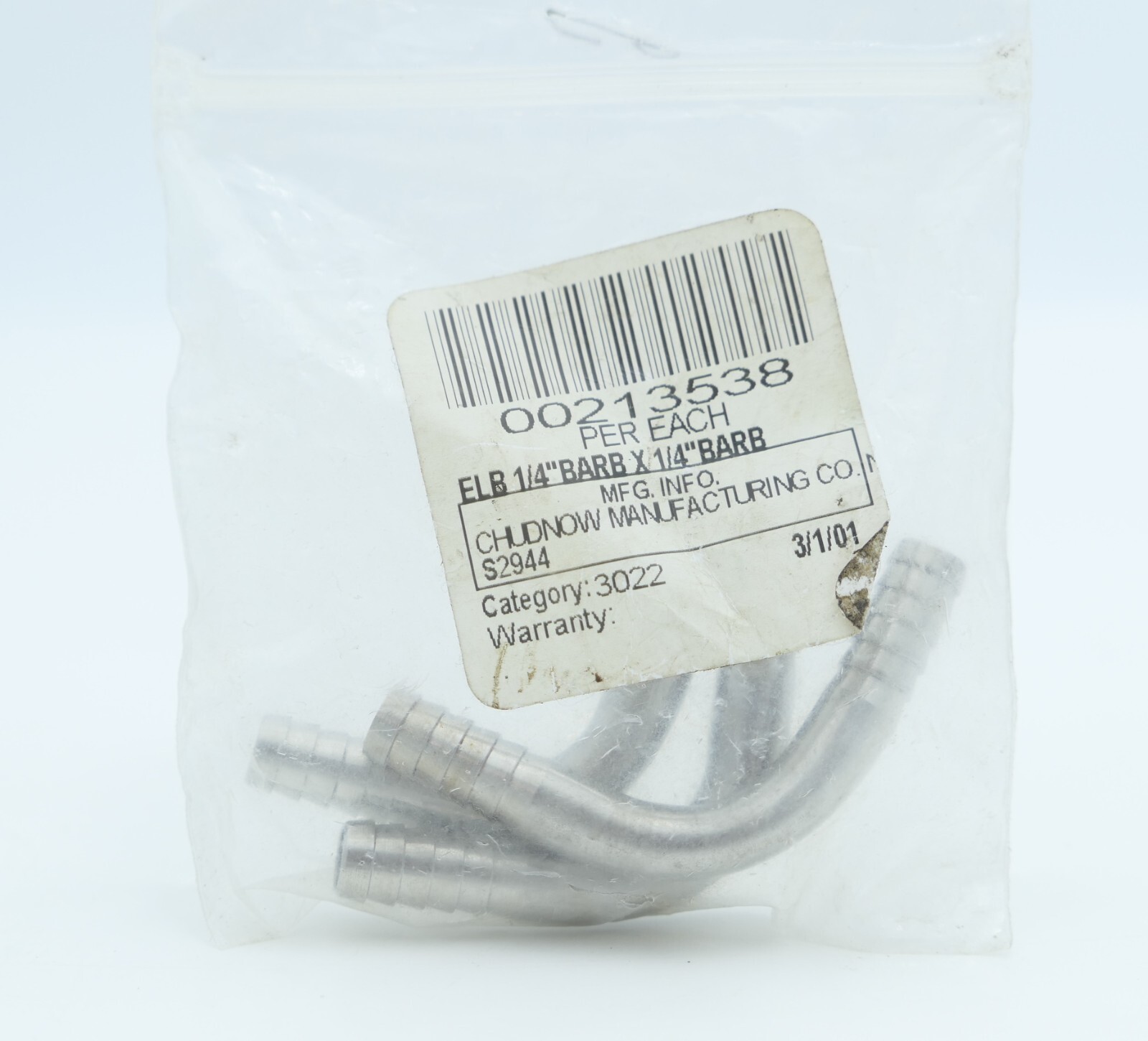 3 Pack Chudnow MFG S2944 Stainless Steel 1/4" x 1/4" Elbow Splicer 90° Barb