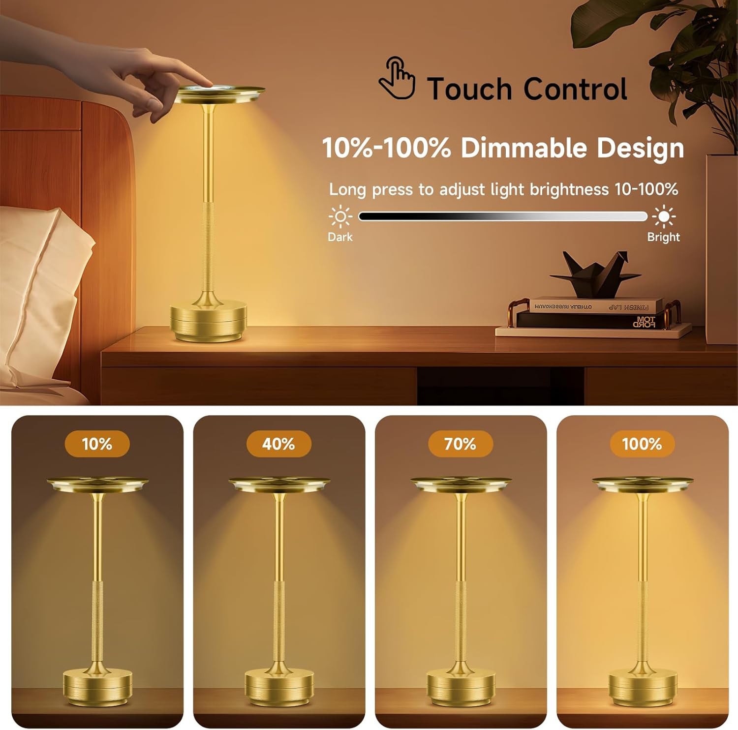 Cordless Table Lamp Dimmable 3-Color Dest Lamp Rechargeable LED Night Light