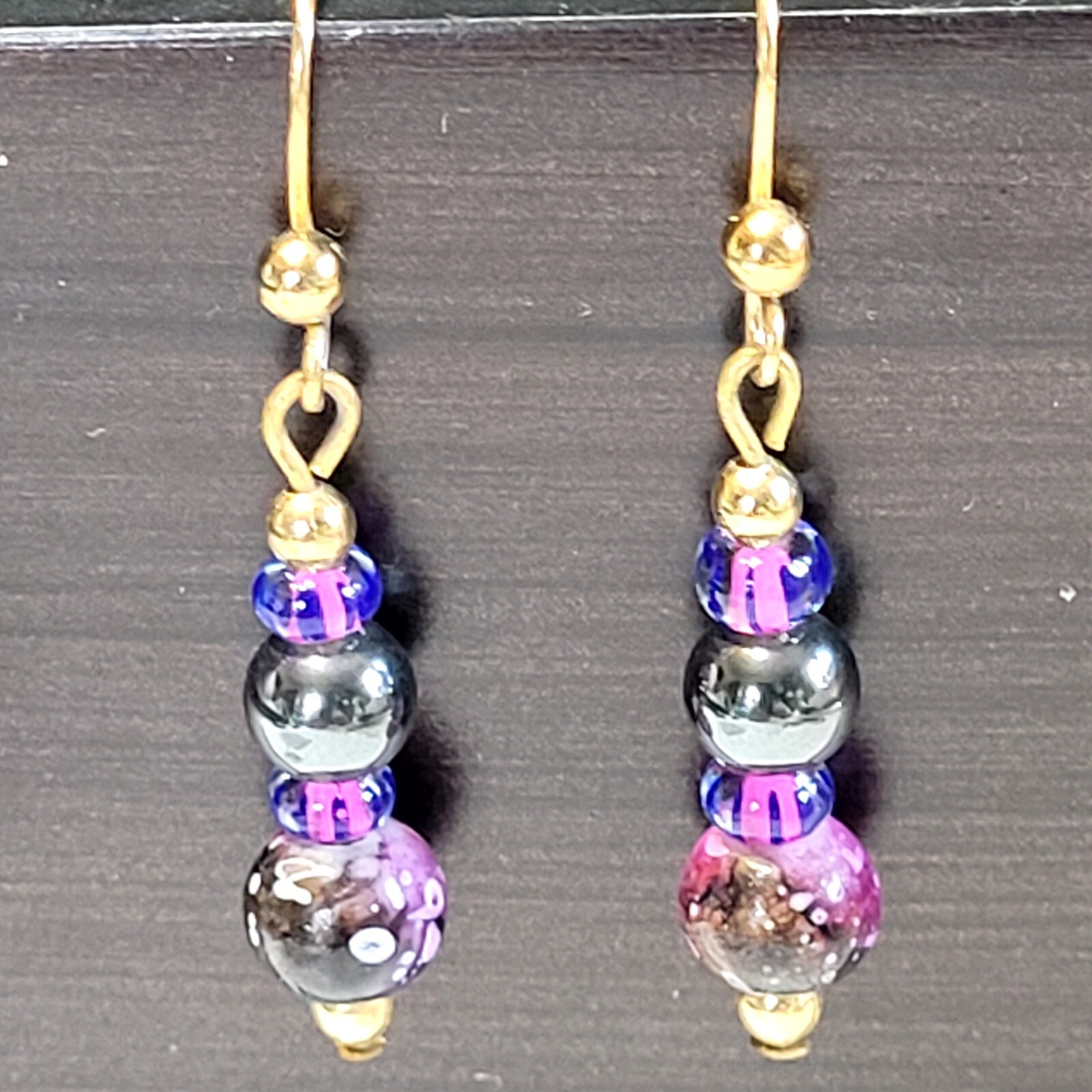Goldtone Purple, Black, And Gold Beaded Pierced Hook Earrings