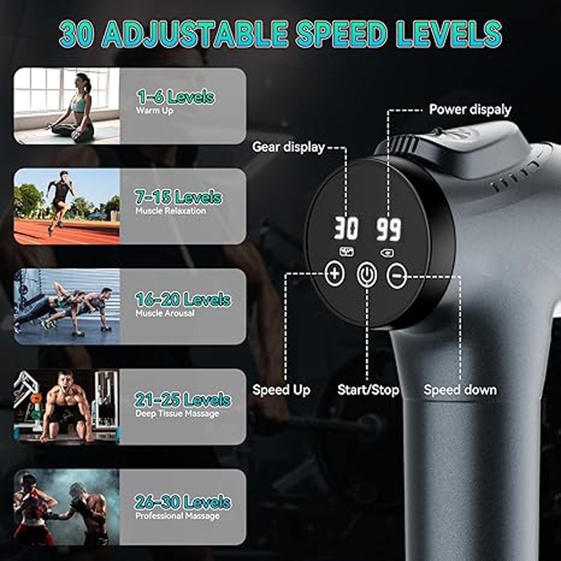 Massage Gun Deep Tissue Massager, 30 Speed Percussion Muscle Massager 9 Heads