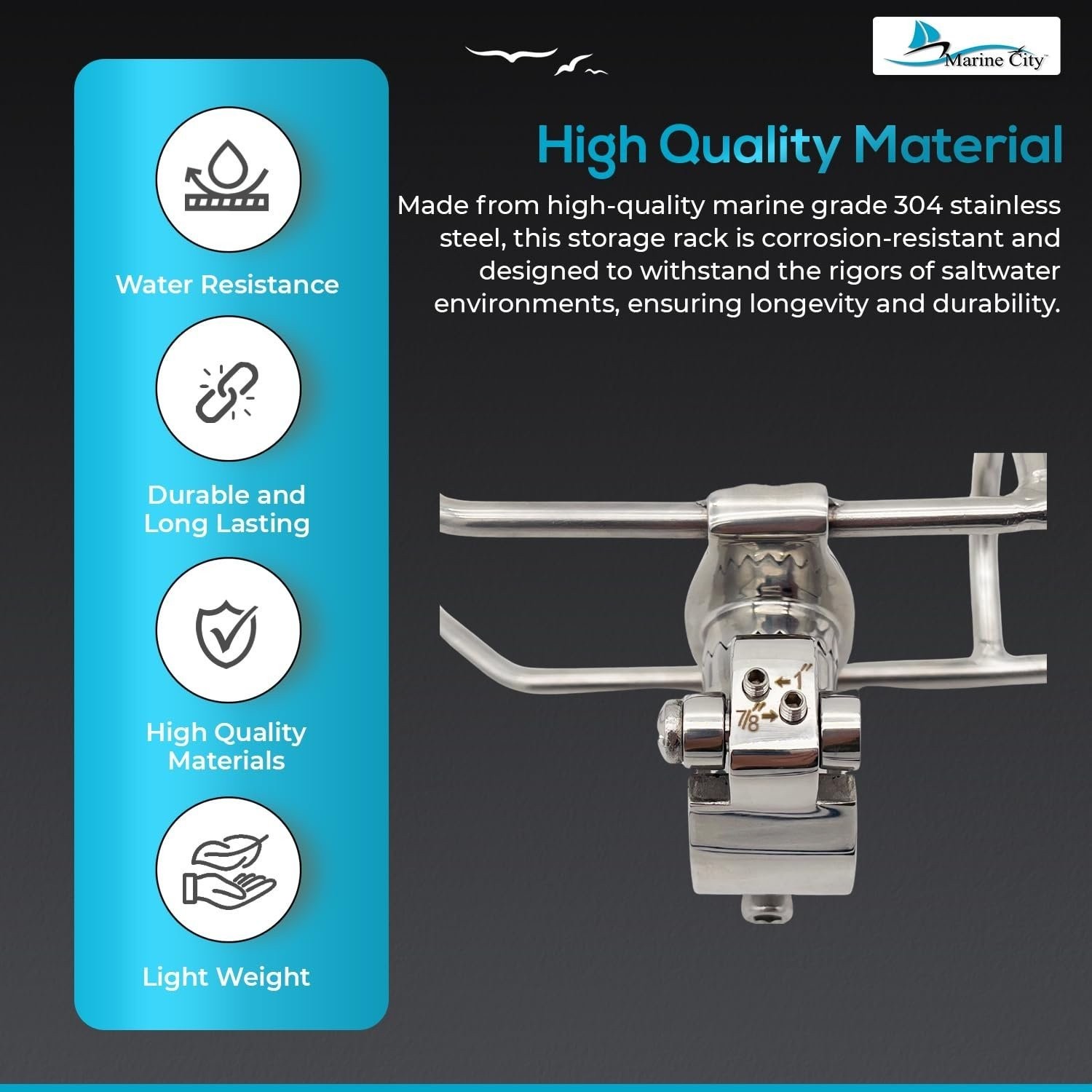 Marine City Fishing Rod Holder Stainless Steel Rotating Head 7/8" to 1-1/4" Tube