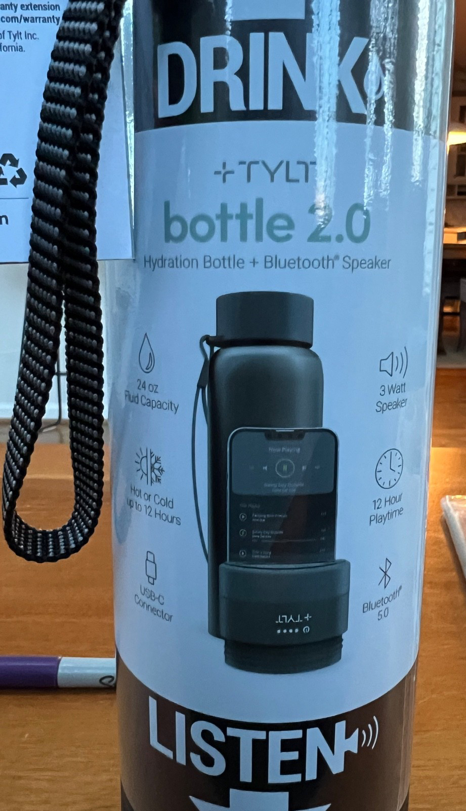 TYLT Hydration Bottle 2.0 - 24oz - Flip Straw - Bluetooth Speaker - NEW