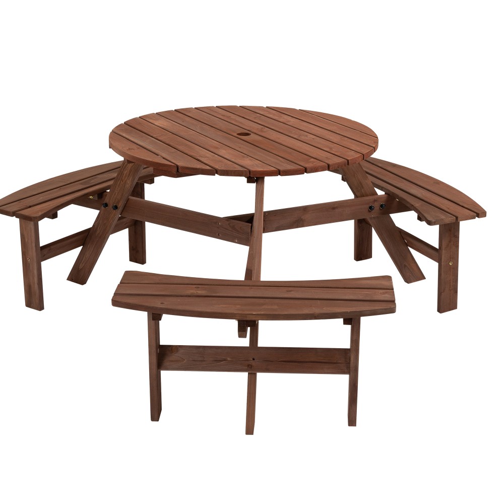 6-Person Outdoor Wooden Picnic Table w/ 3 Built-in Benches, 1720lb Capacity