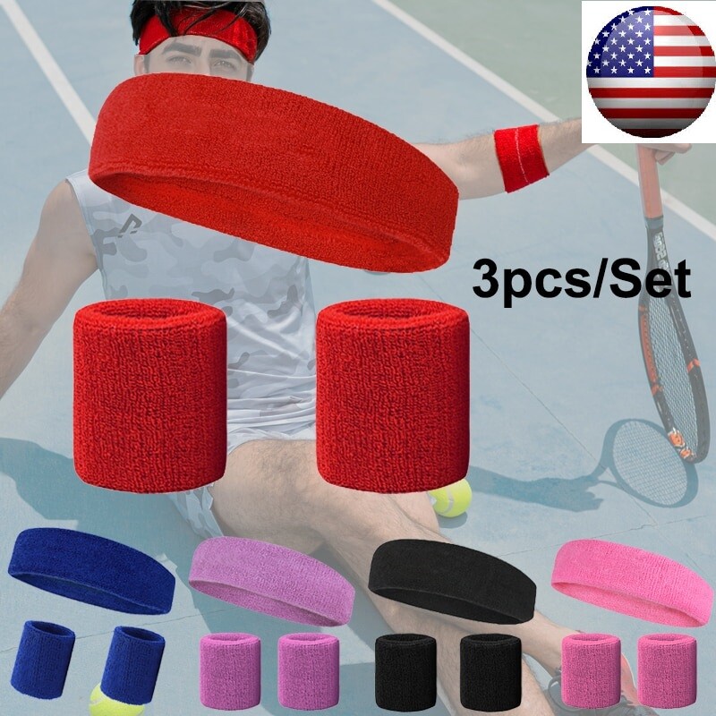 SWEATBAND SETS Wristbands headband Work Out Tennis Wrist Badminton Fitness Bands