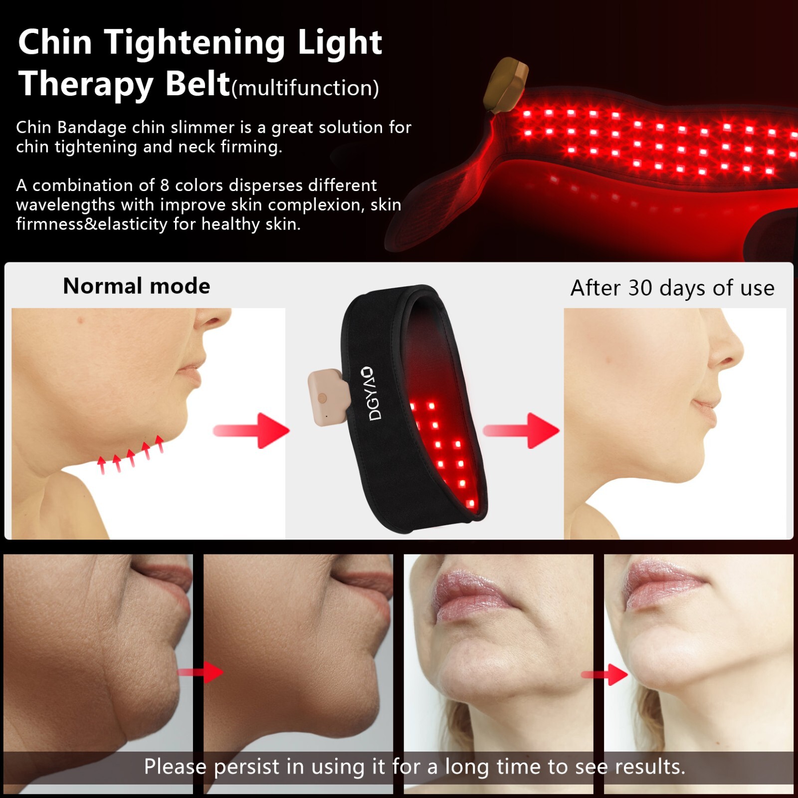 8 Colors Red Light Therapy for Neck Chin Firming, Cordless Wearable Infrared Lig