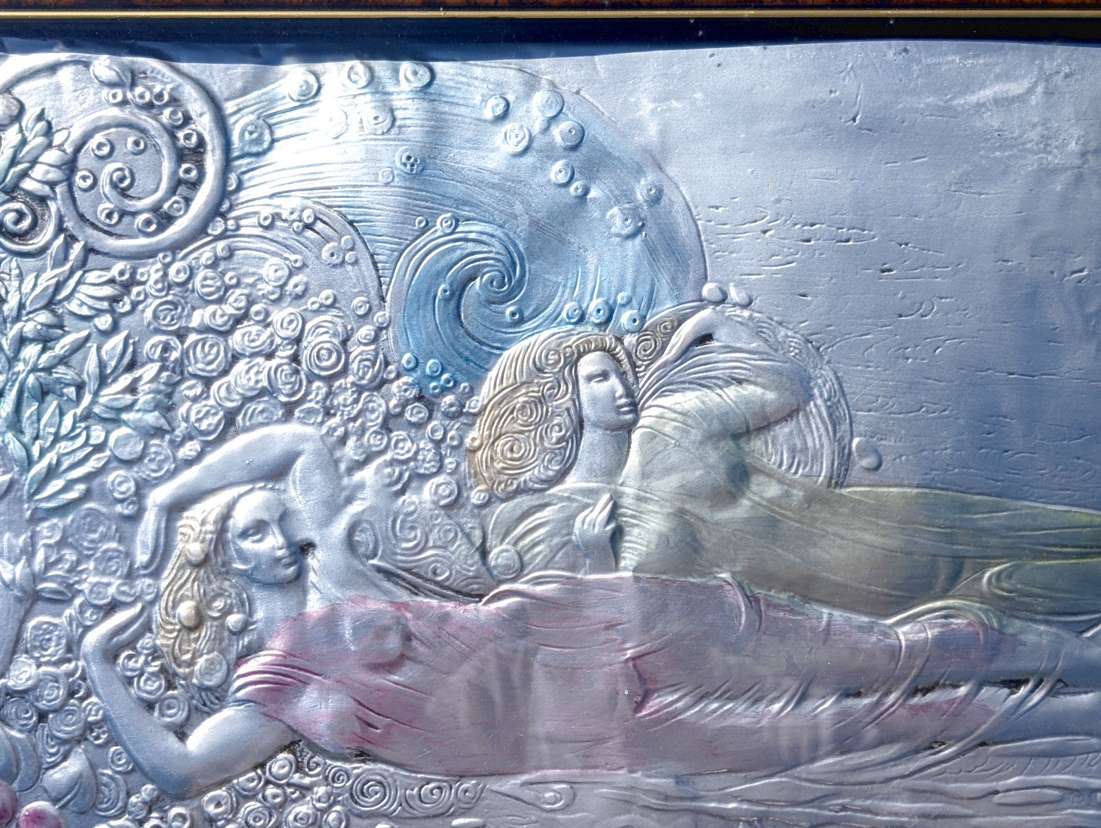 Large Vtg Art Nouveau Sterling Silver Argento Italy Colored Framed Art Plaque