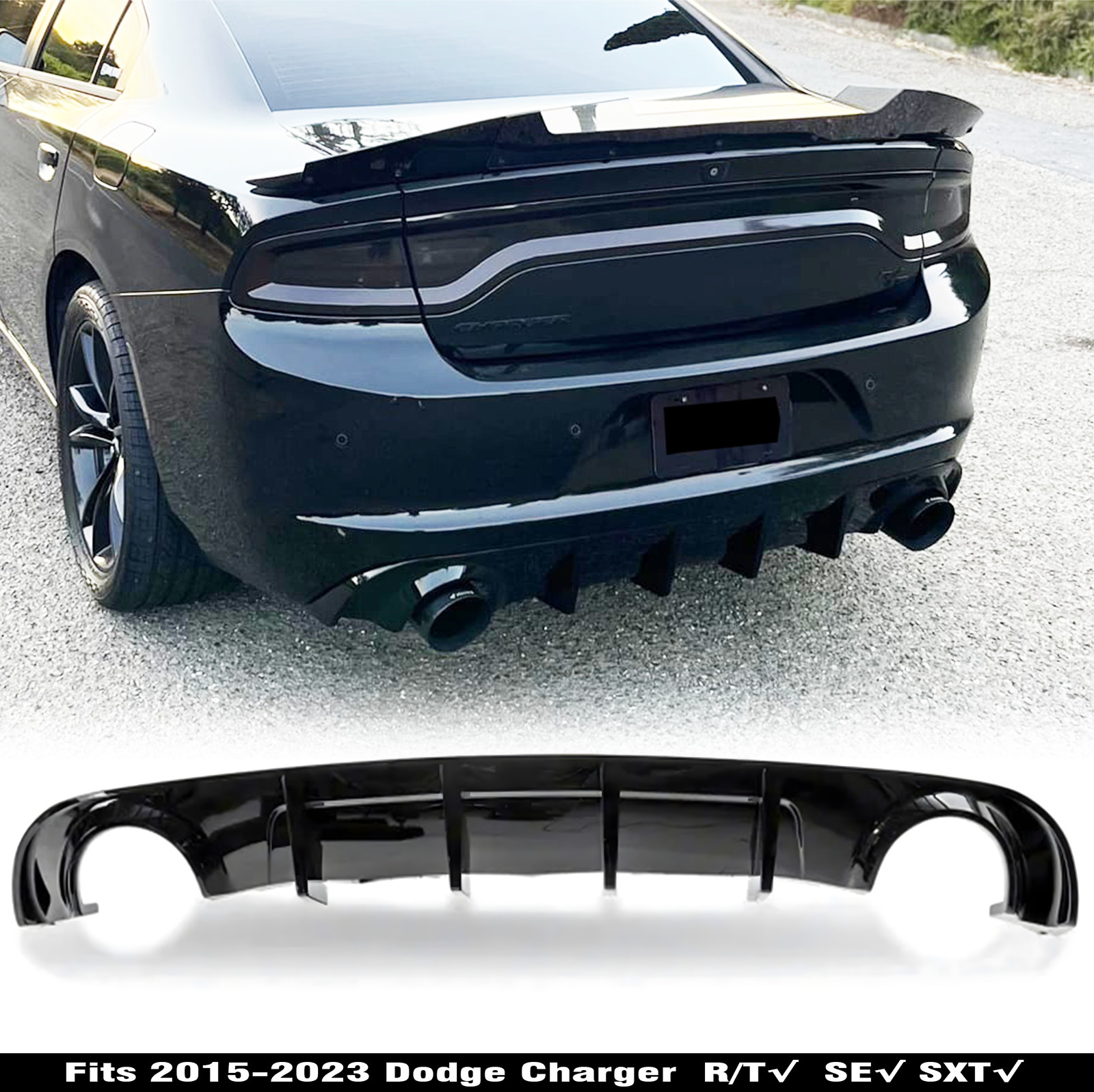 Rear Bumper Diffuser Lip Gloss Black For 2015-2023 Dodge Charger R/T SE SXT