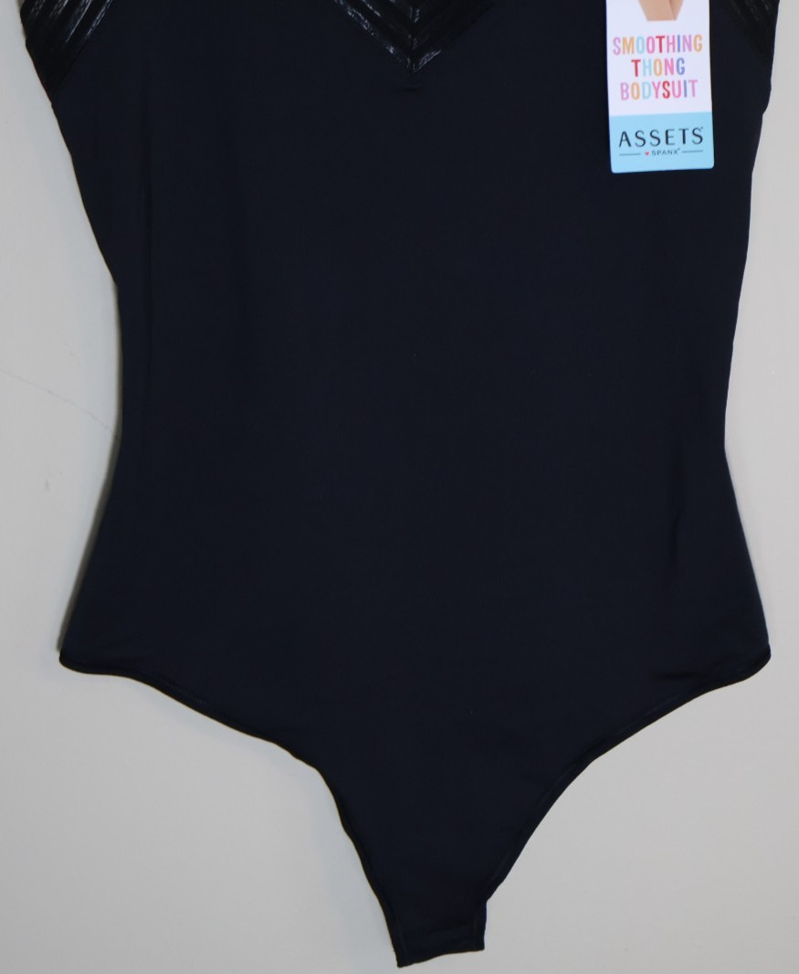 ASSETS by SPANX Women's Lace Trim Thong Bodysuit - Black XL NWT
