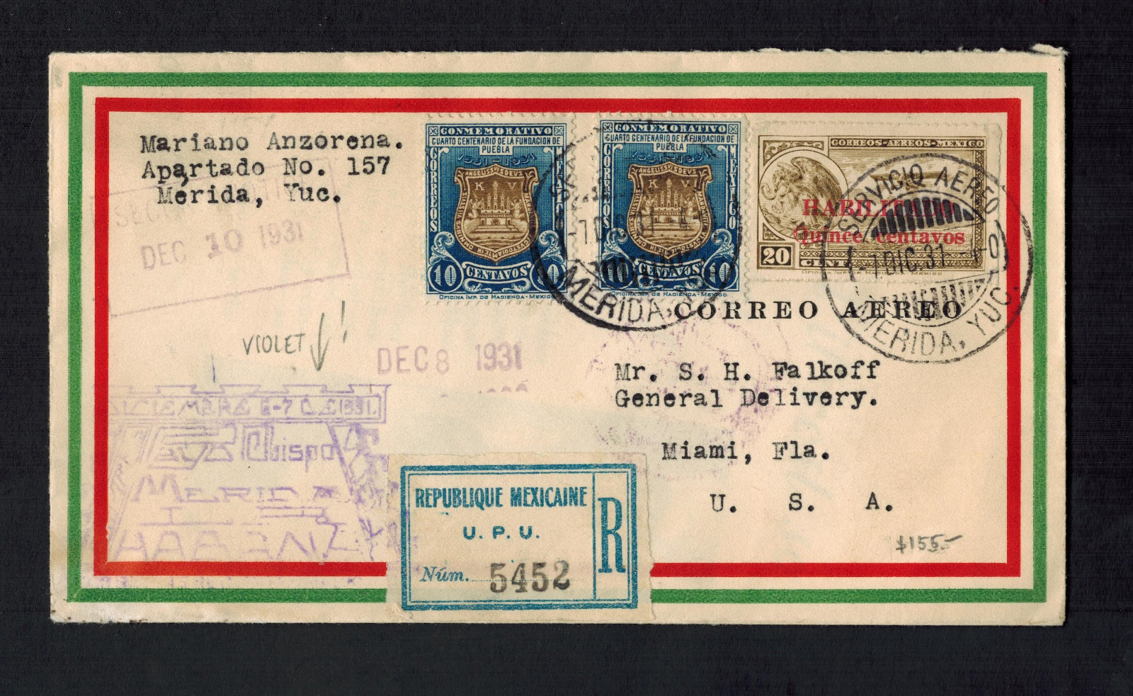 1931  FFC Merida Yucatan Mexico  first flight cover Sunburst Registered