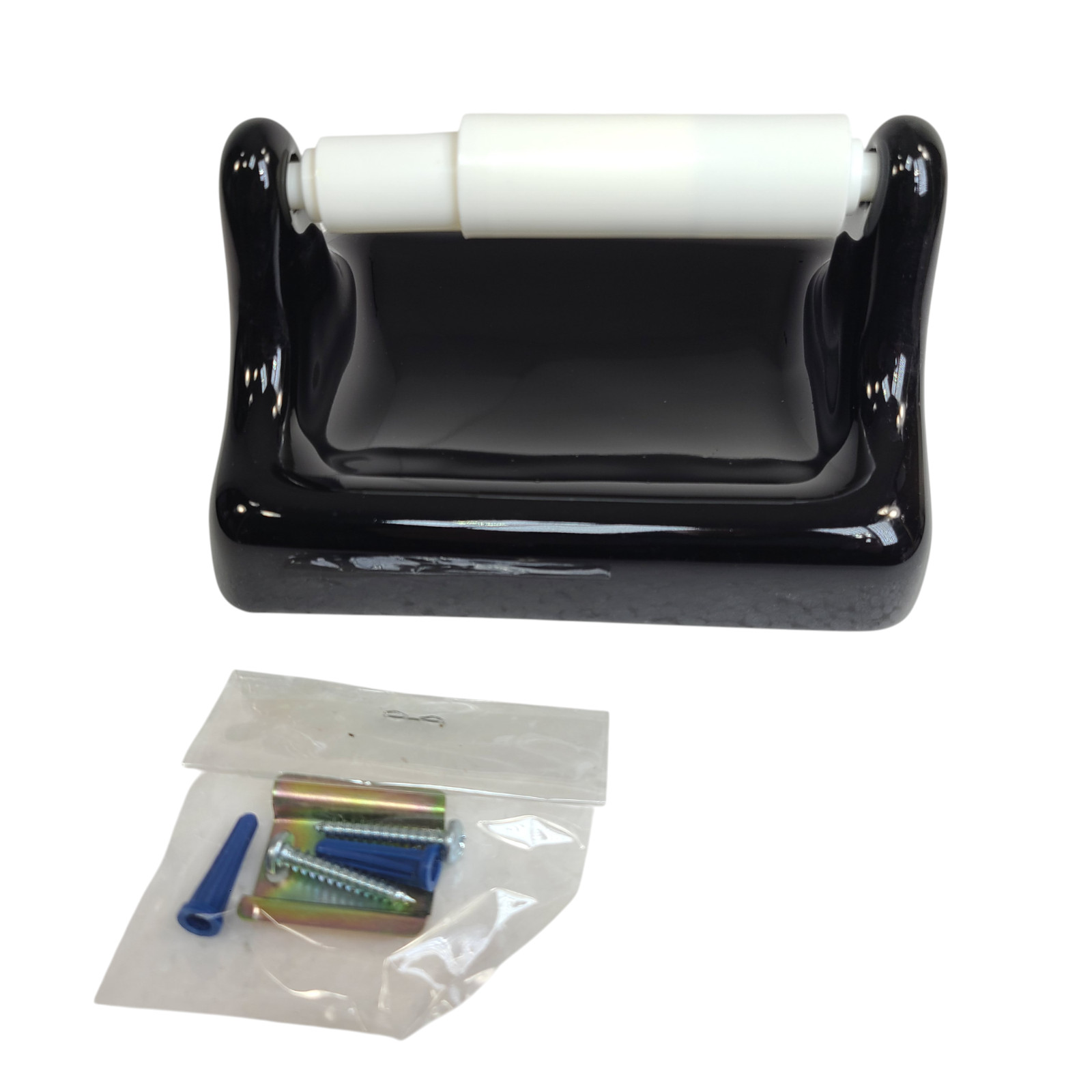 Vintage Black Ceramic TP Toilet Paper Holder Screw in Drywall Mid Century Modern