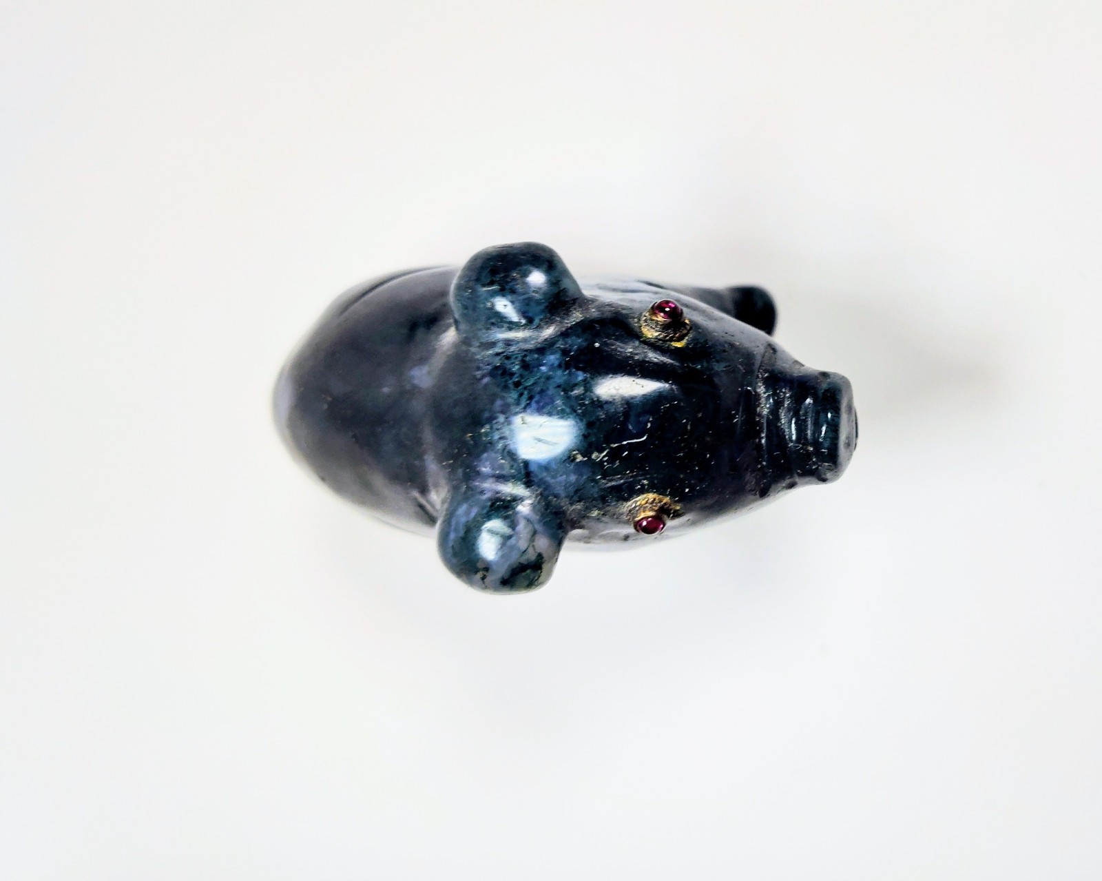 Antique 1920s Hand-Carved Blue-Green Aventurine Pig with Bezel-Set Garnet Eyes