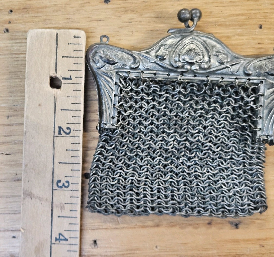 Vintage Ornate German Silver Numbered & Engraved Metal Mesh Purse Missing Chain