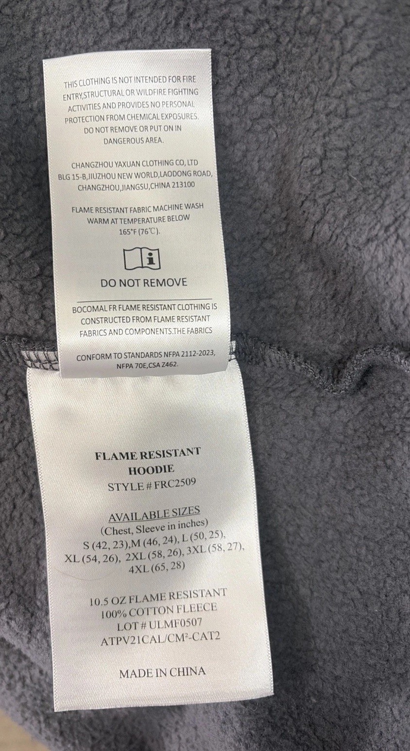 Bocomal FR Jacket Gray Mens Large NFPA 2112 CAT 2 Flame Resistant Work Hoodie