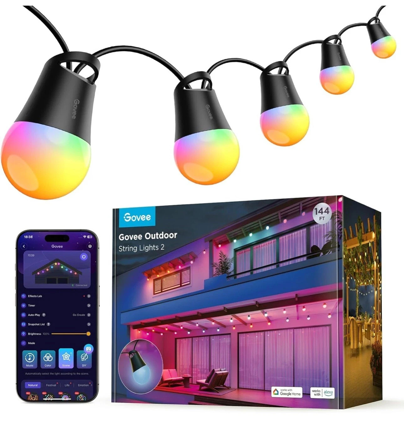 Govee Smart Outdoor String Lights 2, 144ft RGBIC Outdoor Lights with Dimmable