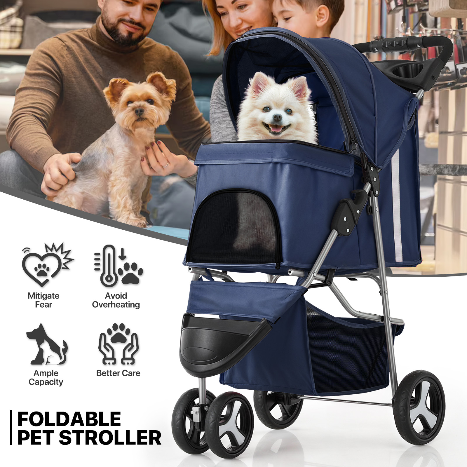 Blue Foldable Dog Stroller Small Medium Pet Travel Cage Carrier Cart w/Sunshade