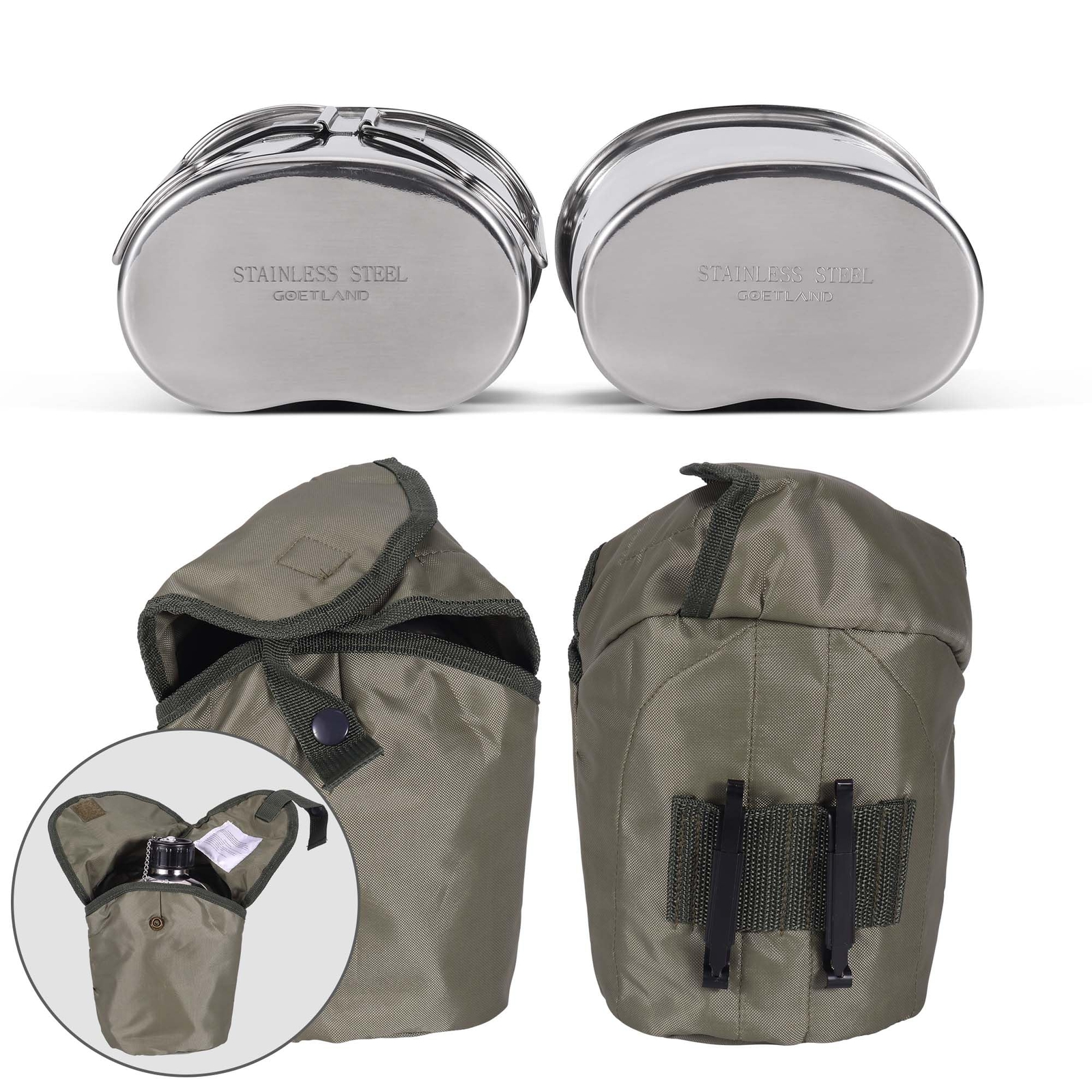 Goetland Stainless Steel WWII US Army Canteen Kit 1.3QT Nylon Pouch