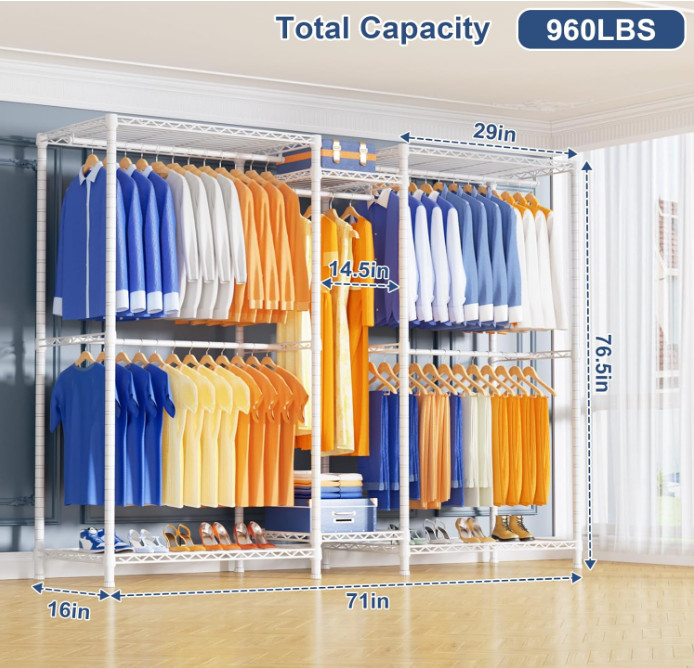 Perchero metálico con estantes, 960 lbs de carga, blanco, gran capacidad.