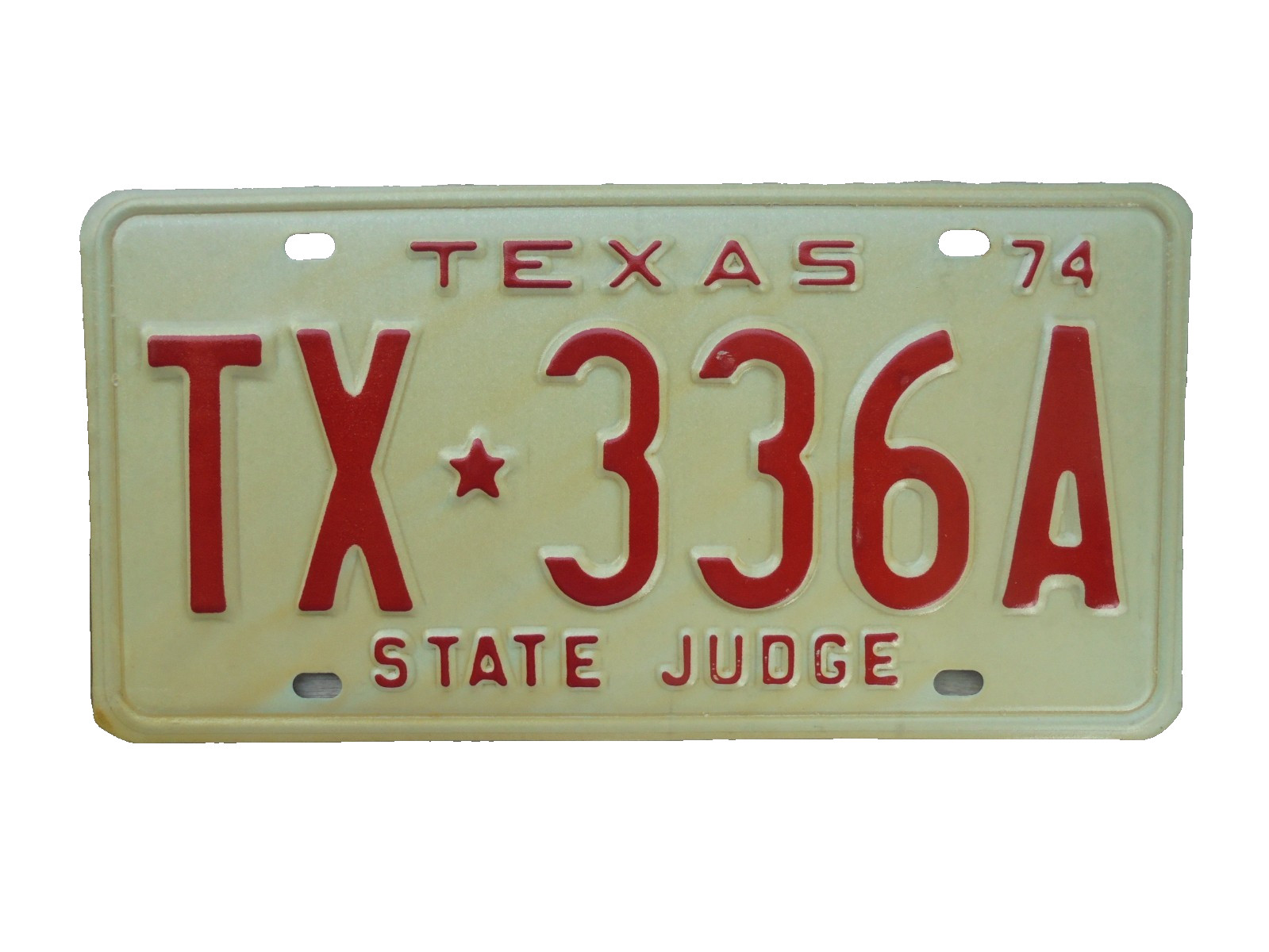1974 TEXAS STATE JUDGE License Plate #TX-336A - Looks Unused!!!