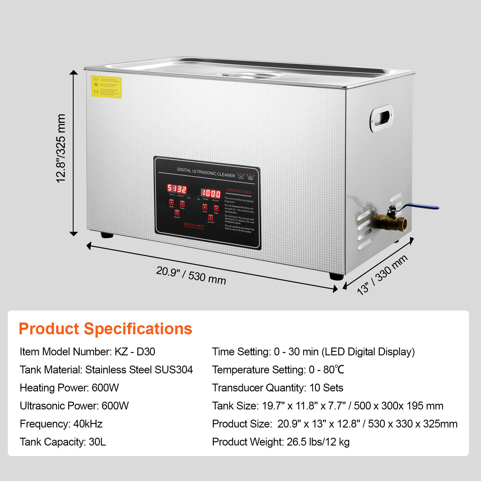 30L Ultrasonic Cleaner Timer Heating Machine Digital Industrial Sonic Cleaner