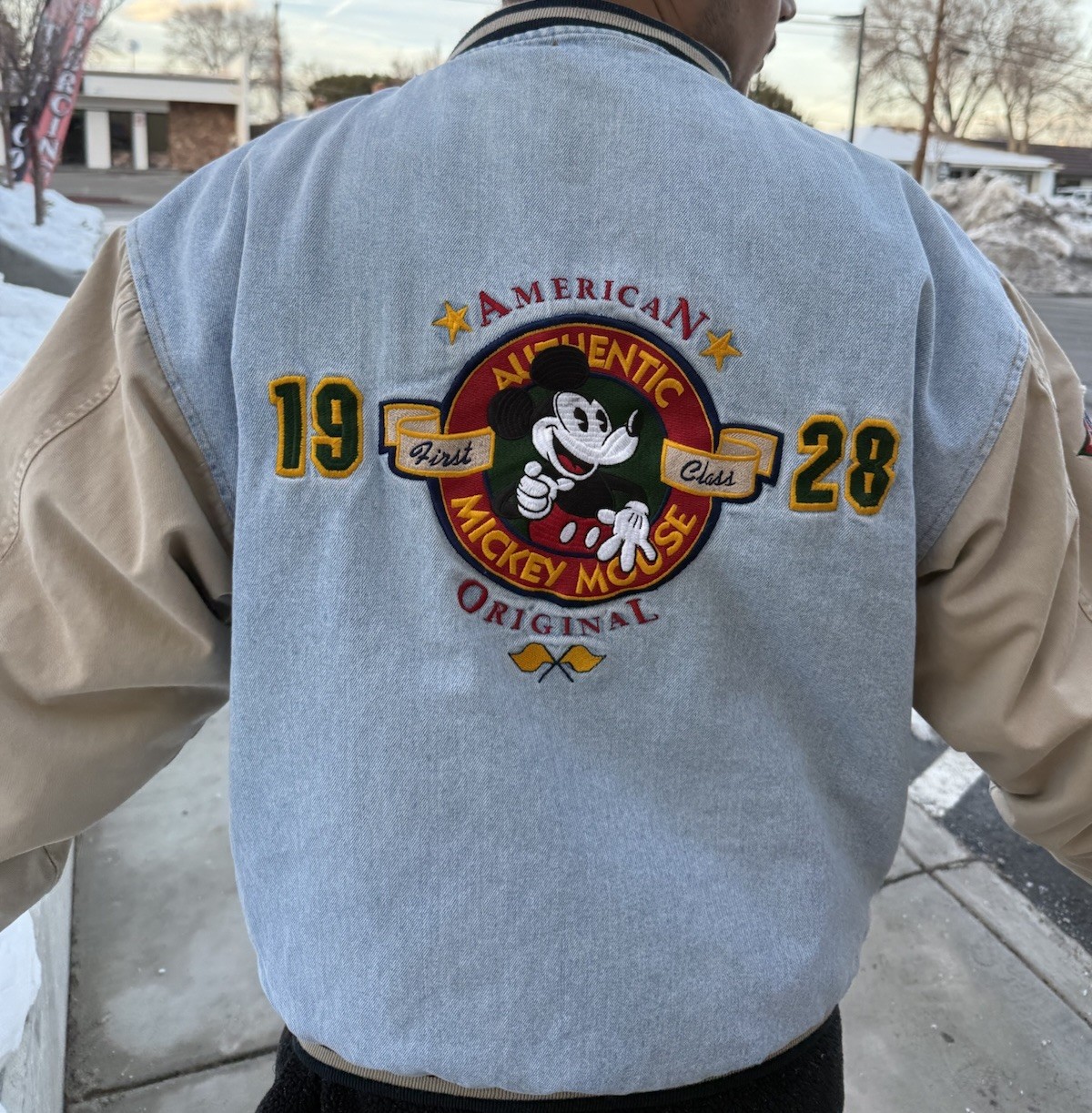 Disney Mickey Mouse 1928 Varsity Jacket Adult Light Blue Beige