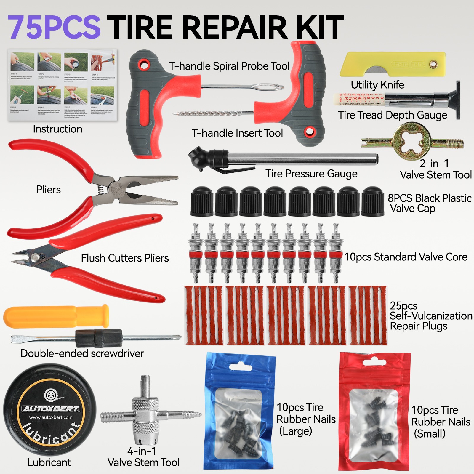 75PCS Tire-Puncture Repair Kit Heavy Duty Offroad Plugs For Tubeless Tire US