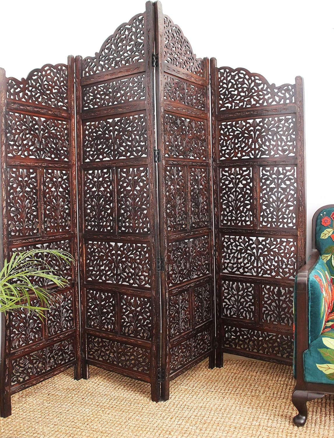 Room Divider Wood Screen - Mahanadi Antique Brown - 4 Panel Folding 72X80 - Wood