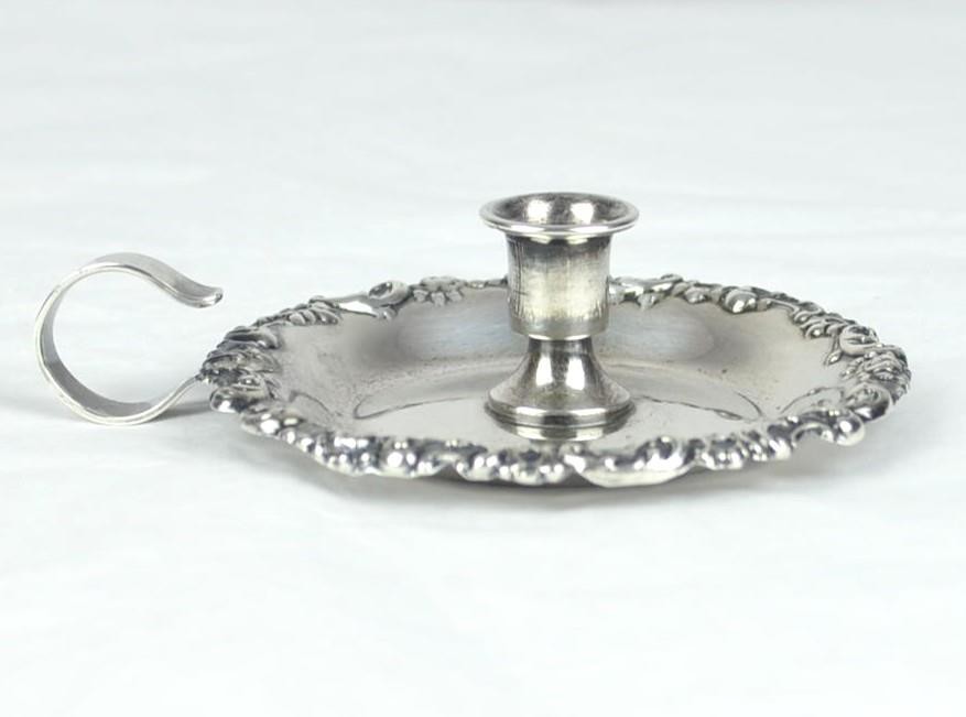 STERLING SILVER REPOUSSE RIM TAPER CANDLE HOLDER WITH FINGER RING - 31.9 GRAMS