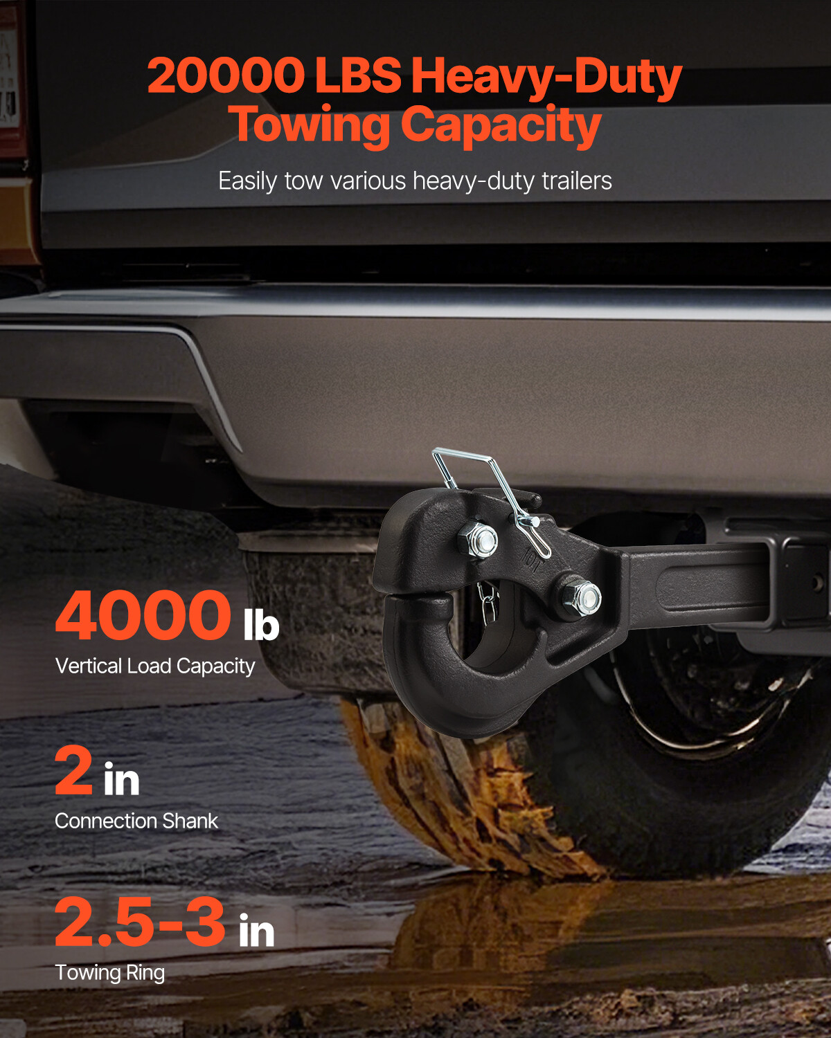 Pintle Hitch 2 inches Receiver Hook for 2.5 to 3 inches Lunette Ring 20000 lbs