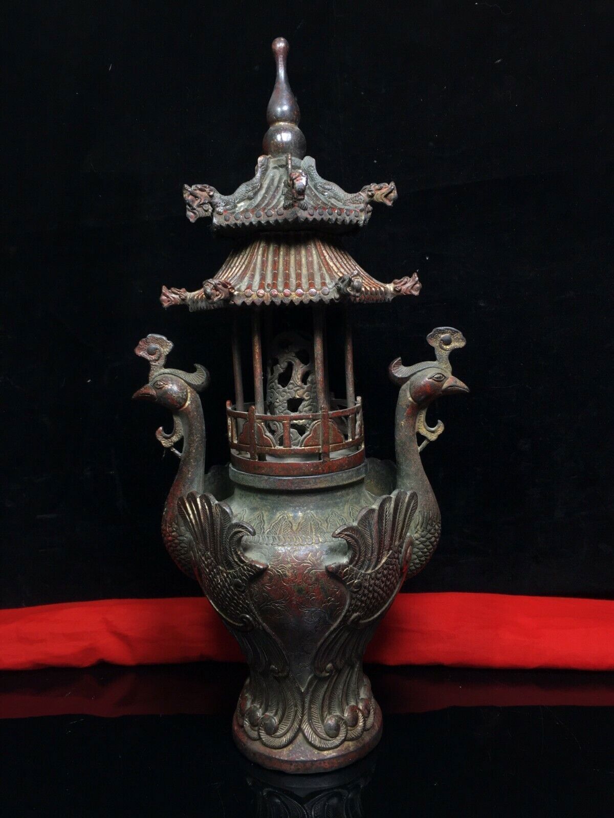 old Chinese Buddhist temple bronze Gilt Crane bird tower Incense Burner censer