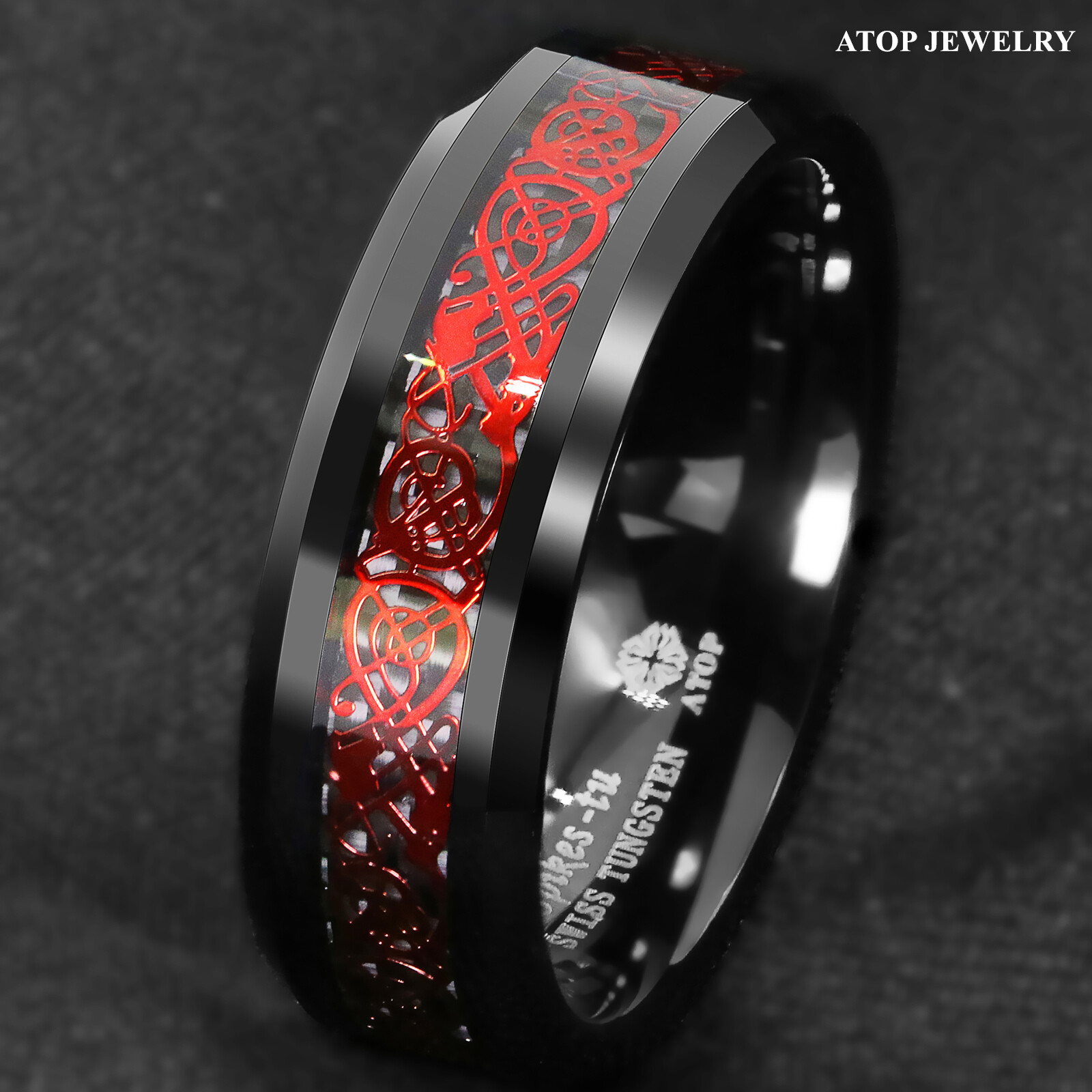 8/6mm Black Tungsten Ring Red Celtic Dragon Black carbon fiber Ring ATOP Jewelry