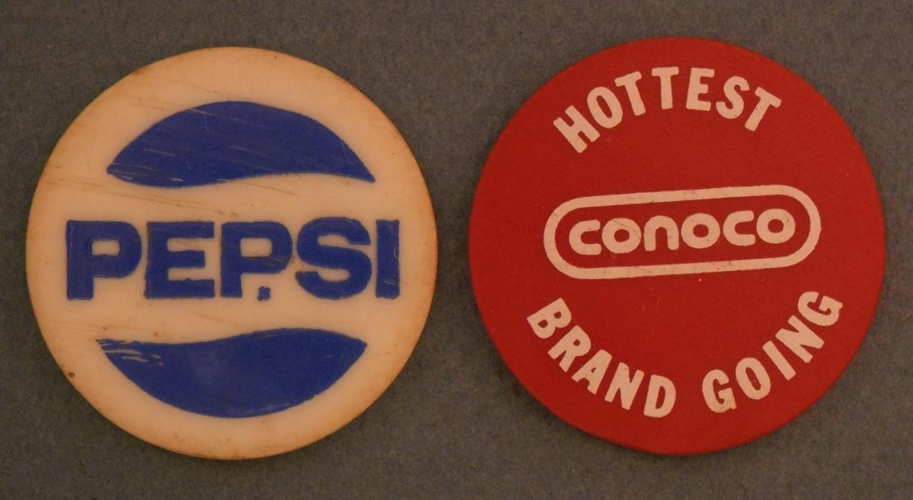 2 Conoco Plastic Tokens Pepsi Logo on one with Behm's Service Chip tray17-24