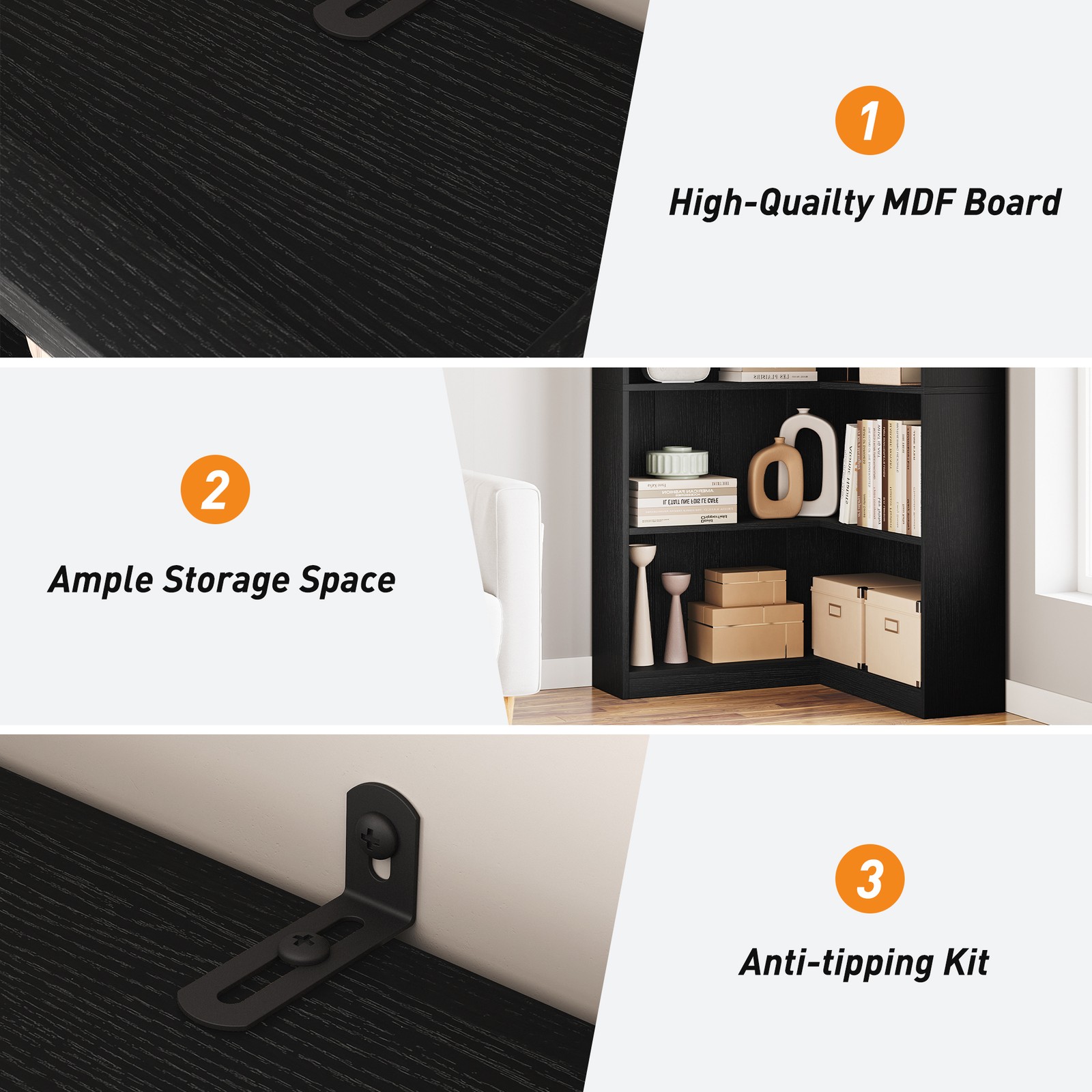 Corner Bookshelf 5 Tier Large Display Bookshelf 90° Corner Standing Bookcase