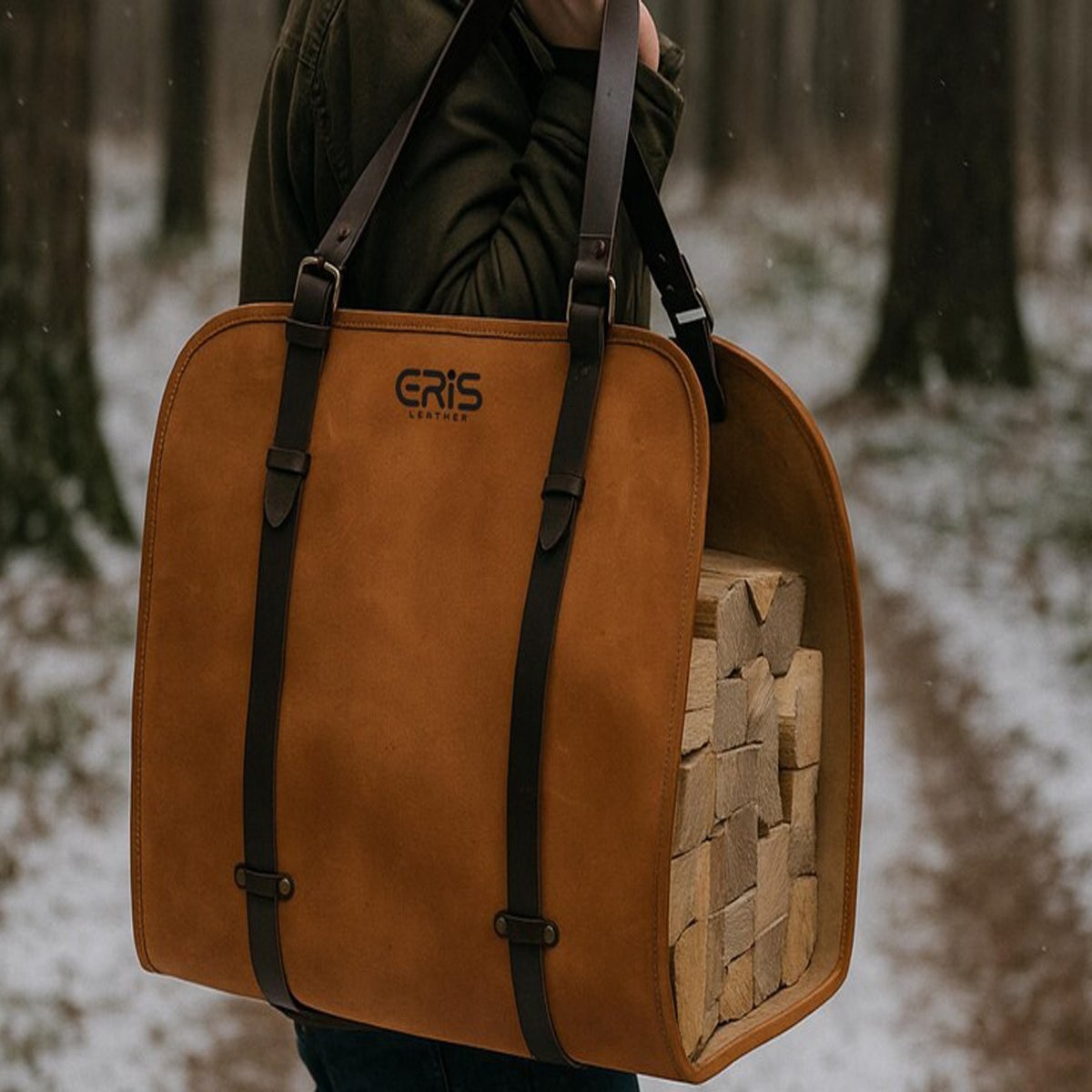 Leather Cognac Brown Firewood Carrier with Fireplace Log Tote
