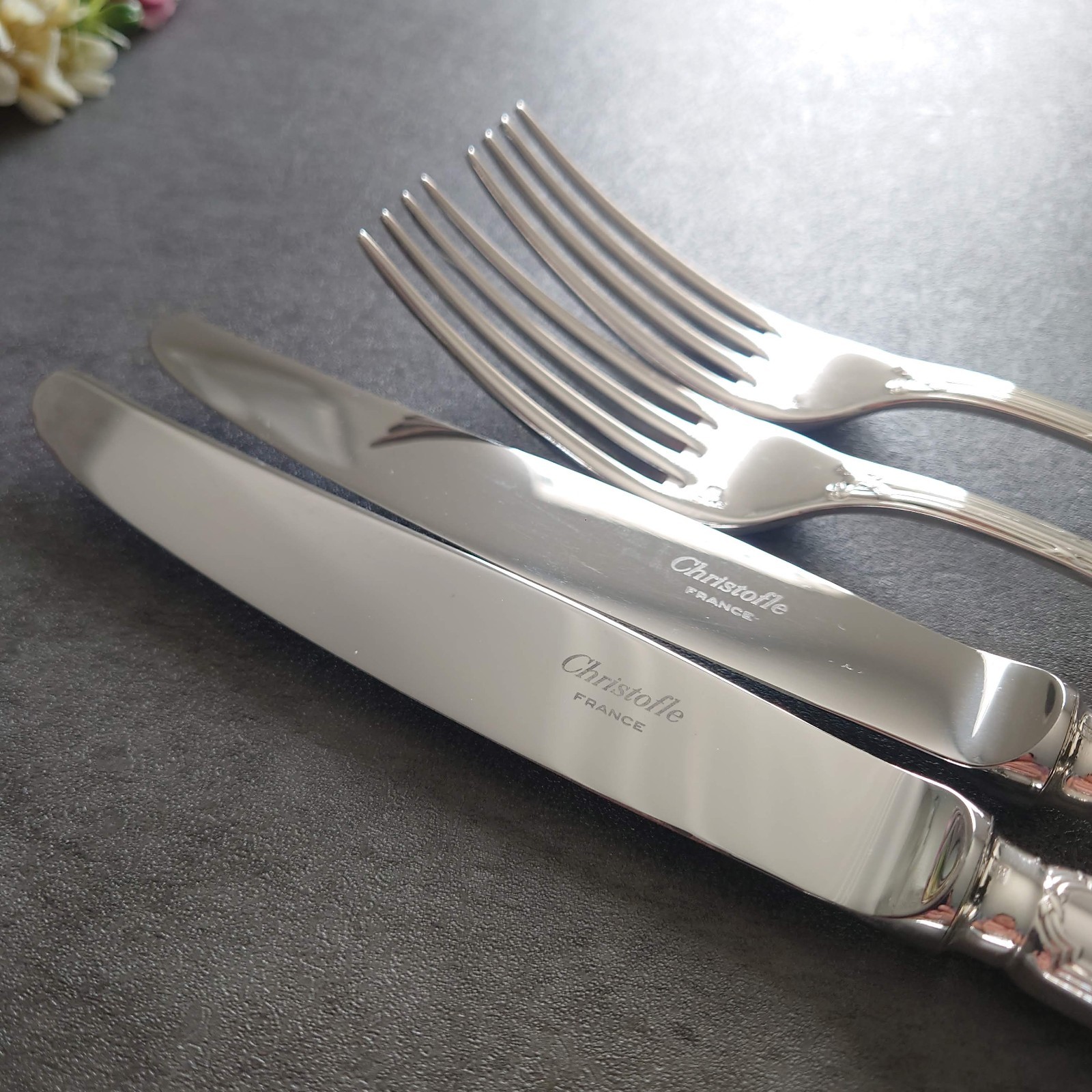 Christofle Rubans 6pcs Flatware Silverplated Table Knife Fork Spoon Excellent
