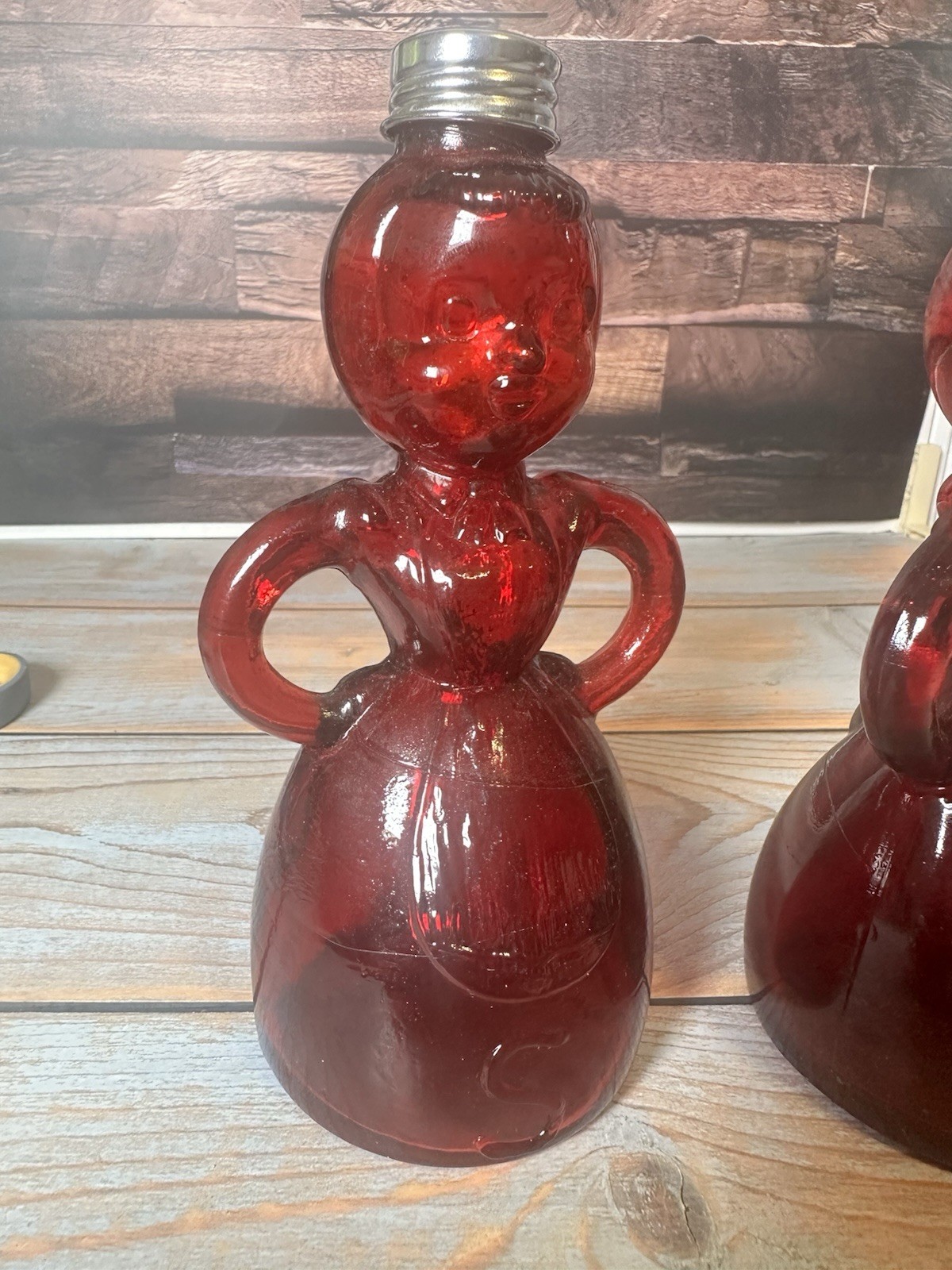 Vintage Ruby Red Glass Merry Maid Salt Pepper Shakers Set Taiwan Figural