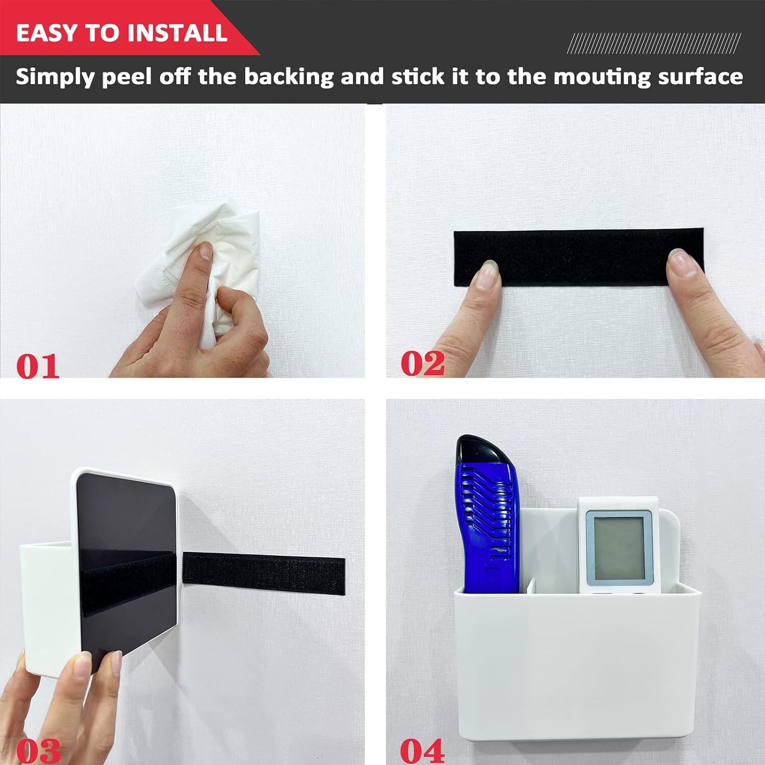 Hook & Loop Strips with Adhesive Heavy Duty Straps Tape with Sticky Back 4PC Blk