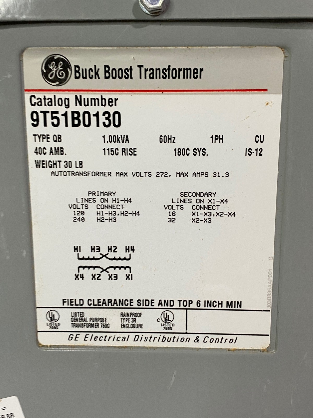 ONE (1) GENERAL ELECTRIC Buck Boost Transformer 9T51B0130 (NEW)
