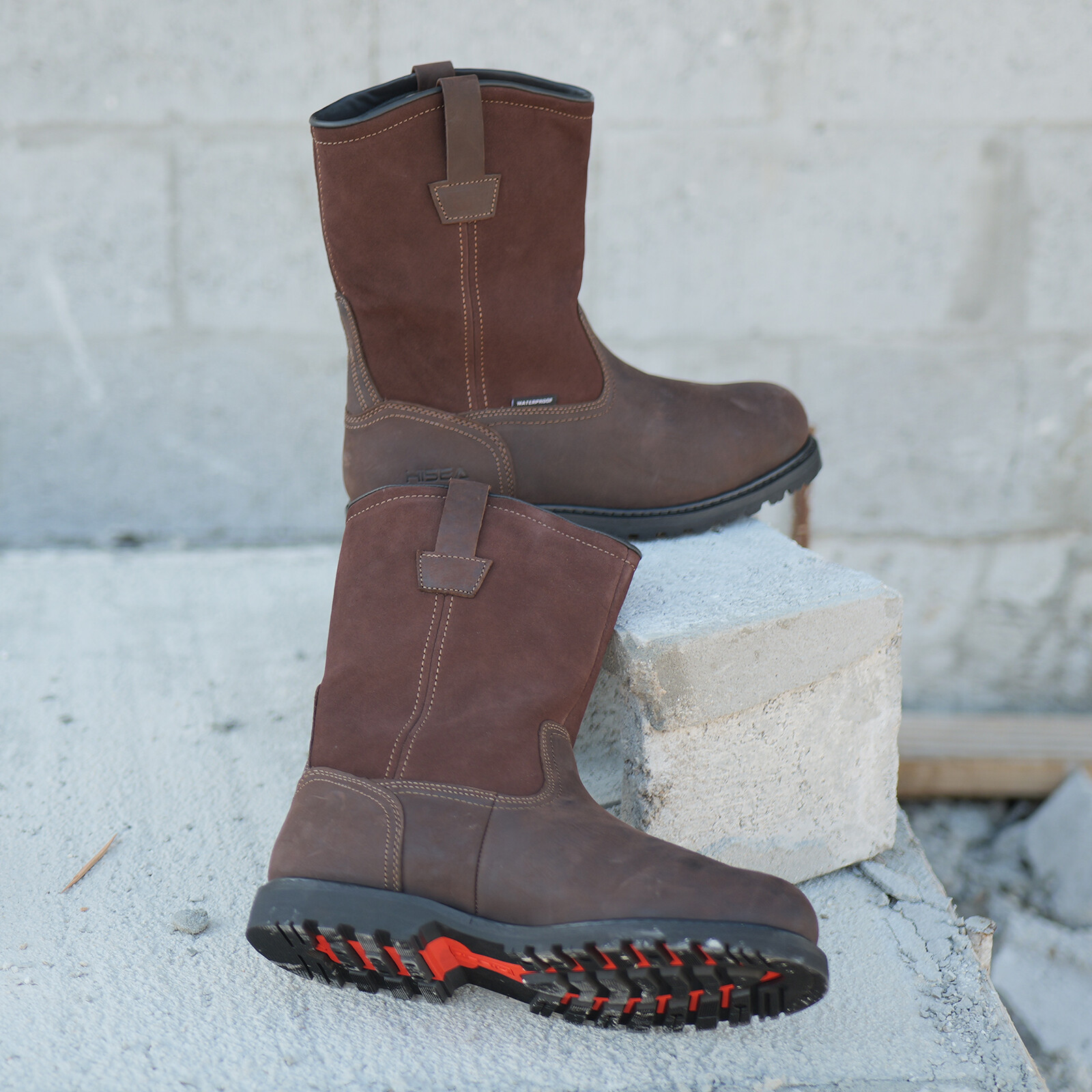 HISEA Men Steel Toe Safety Work Boots Pull On Waterproof Leather Wellington Boot