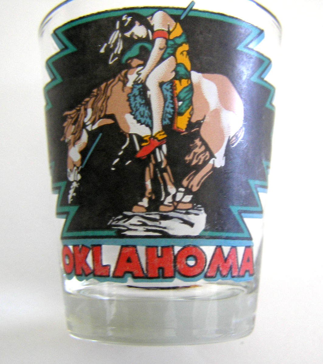 2 Oklahoma Shot Glasses Featuring Design of Horses and Native American Figures